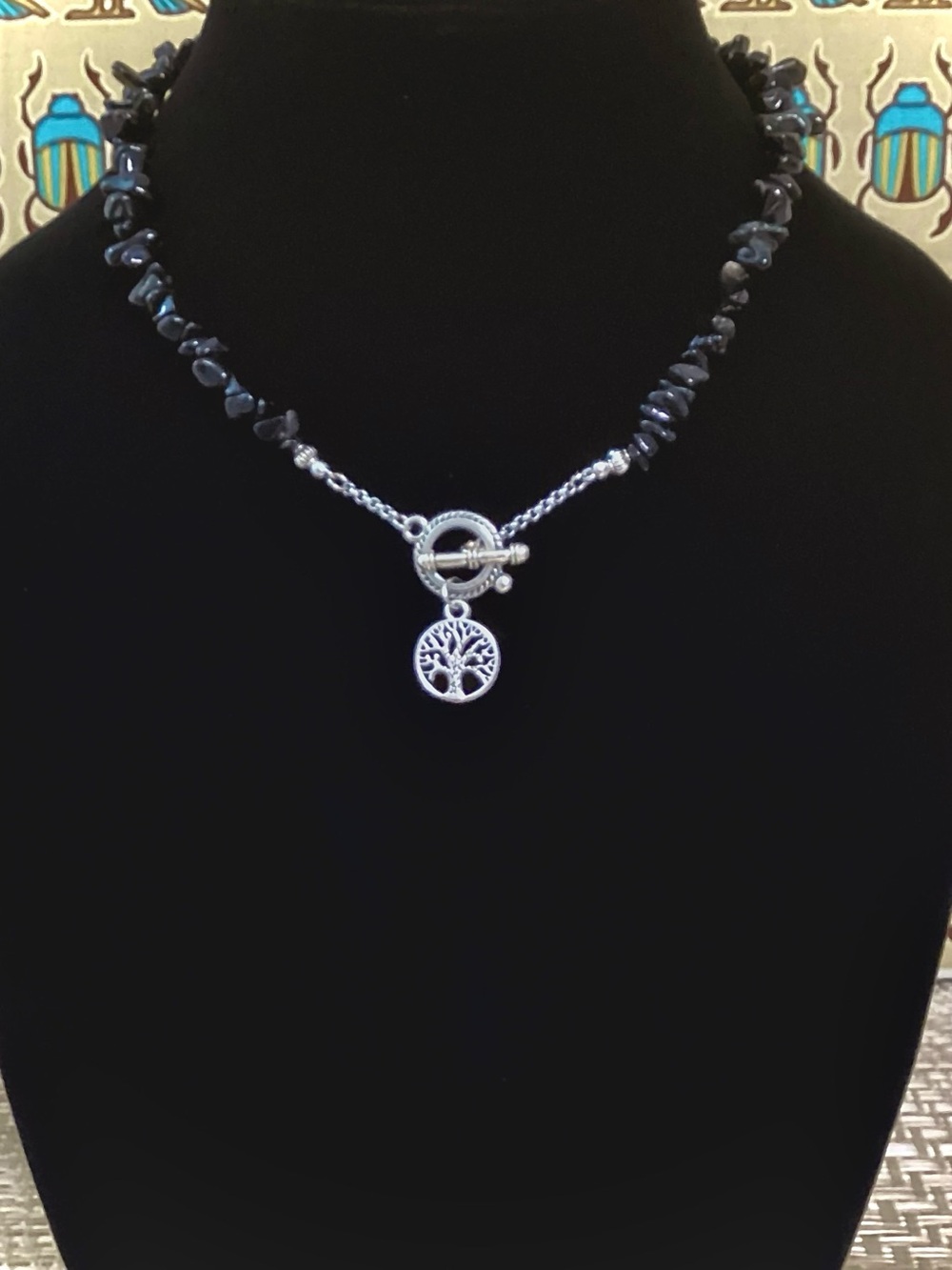 Handcrafted Black  Obsidian Chip Bead Necklace with Silver Tree of Life Charm